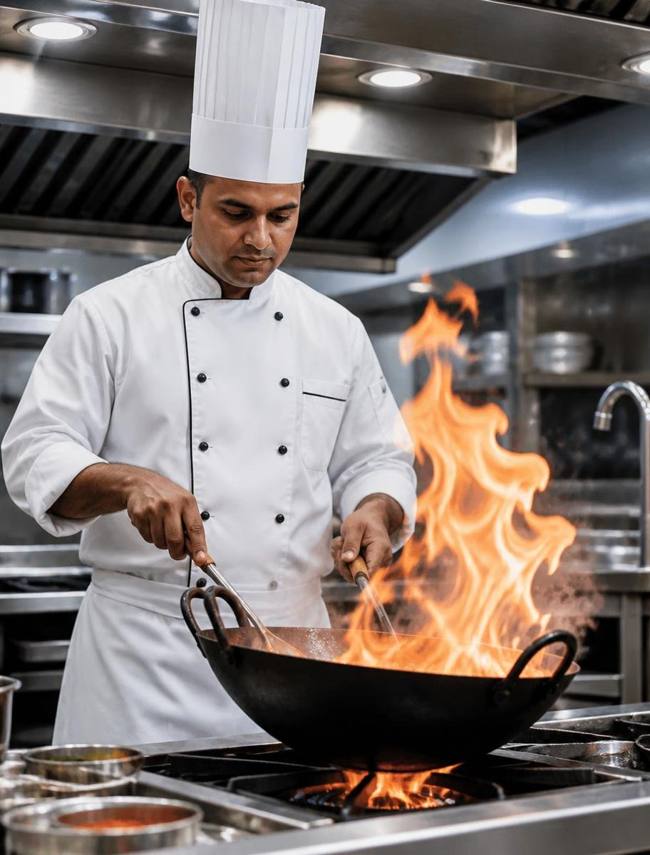 Haram Restaurant chef flame-cooking a karahi