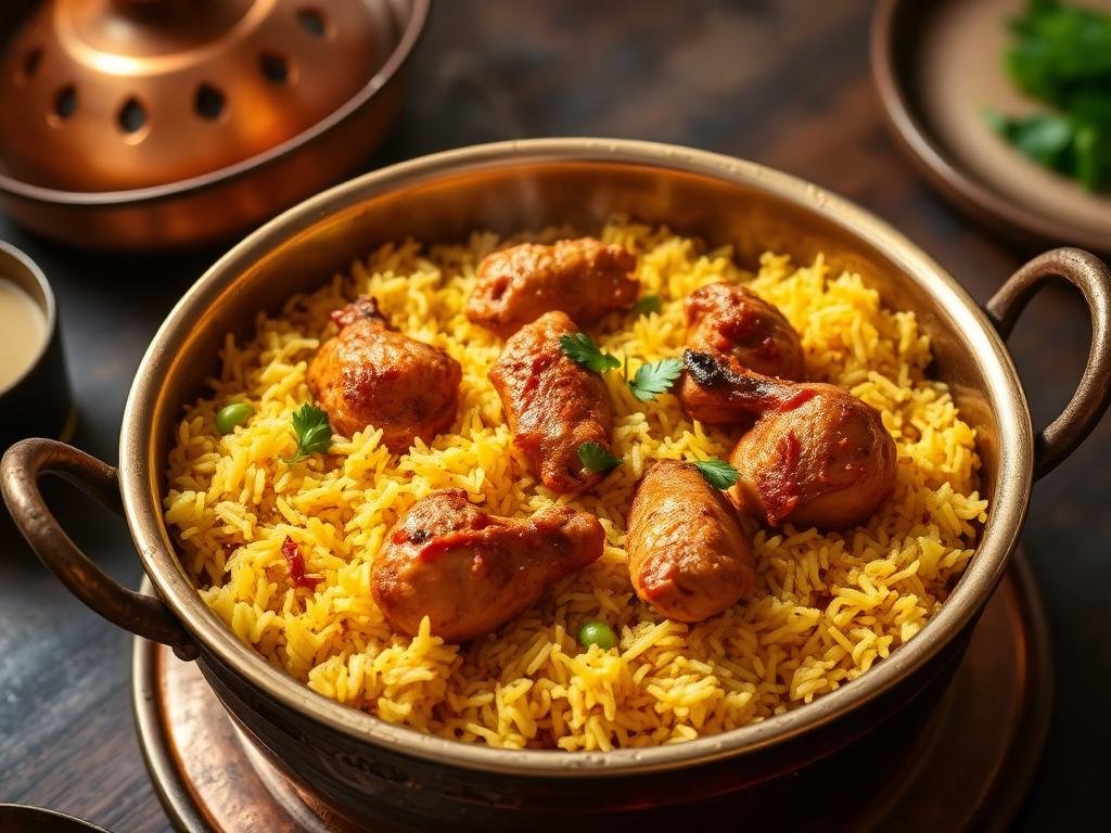 Chicken biryani served in a copper handi