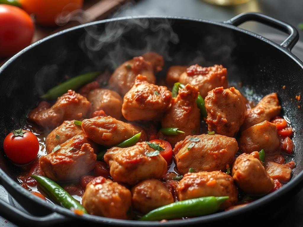 Sizzling chicken handi in an iron pan