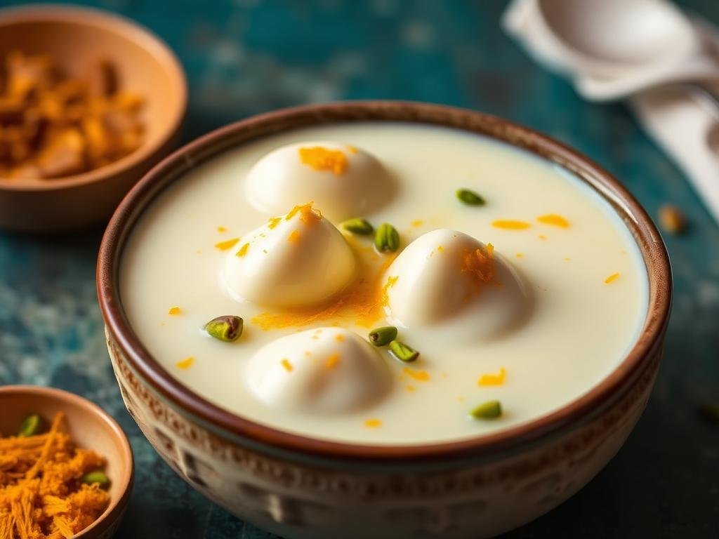 Ras malai dessert in a ceramic bowl