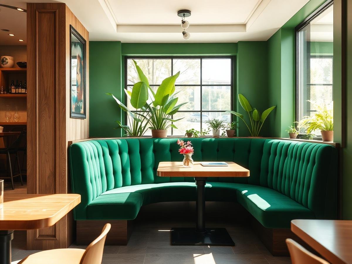 Green banquette seating by the window at Haram Restaurant