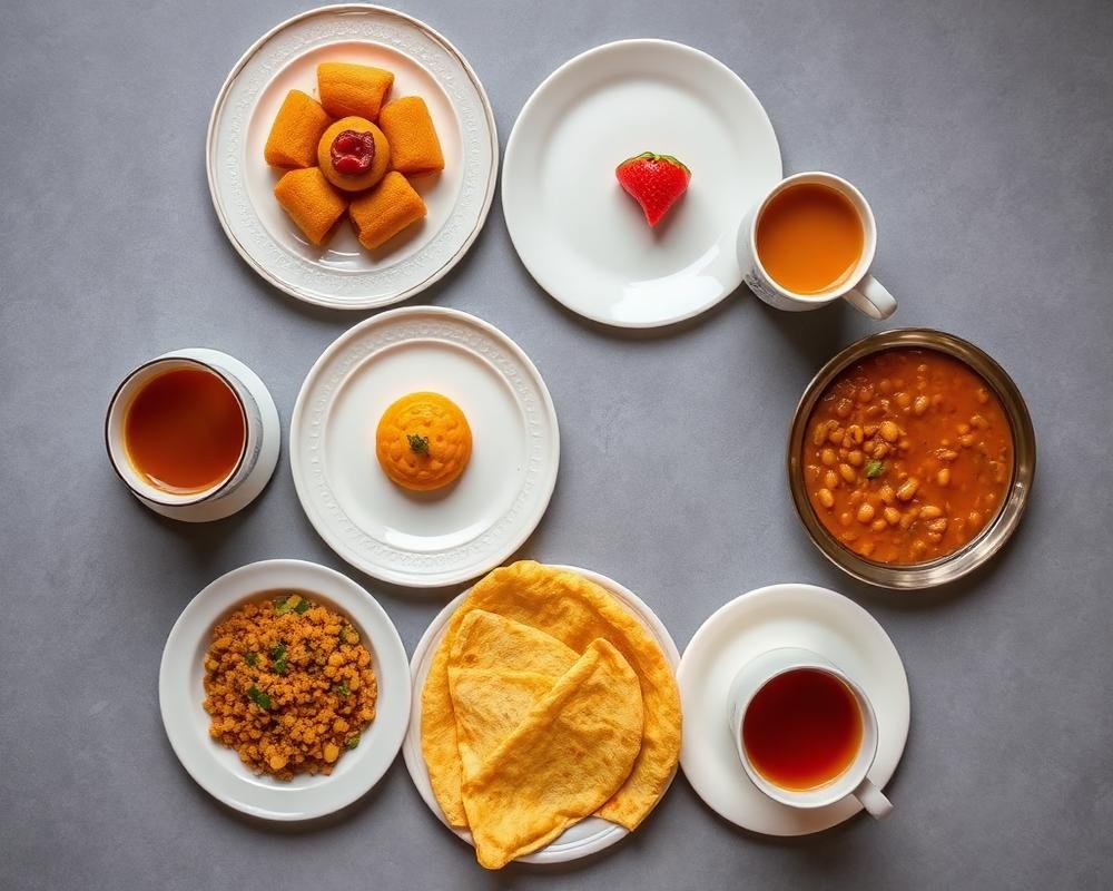 Pakistani breakfast spread with halwa puri and chai