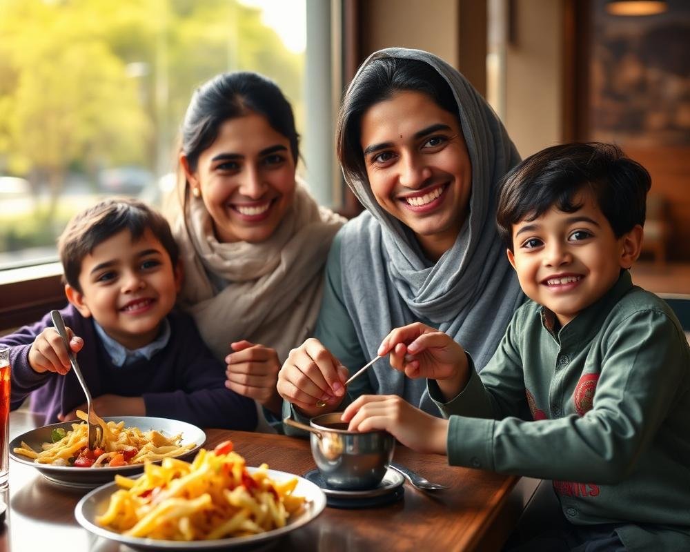 A family sharing a desi meal at Haram Restaurant