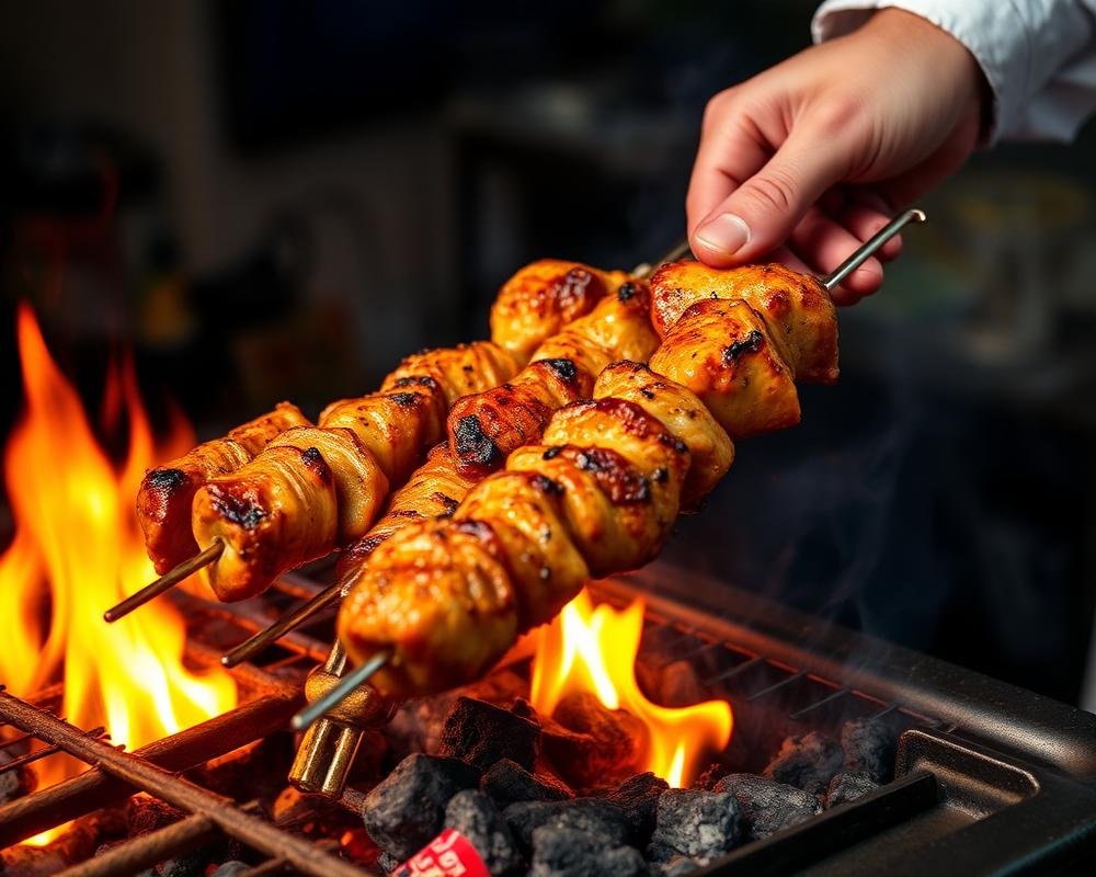Chicken seekh kebabs on the charcoal grill