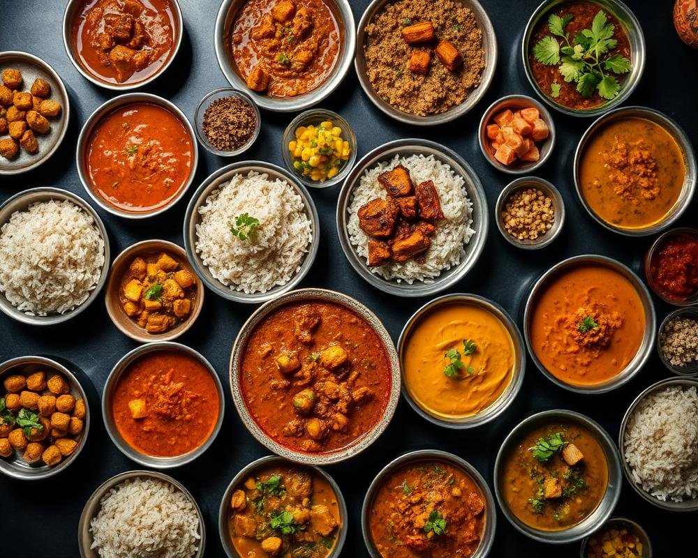 Overhead spread of Pakistani curries and rice